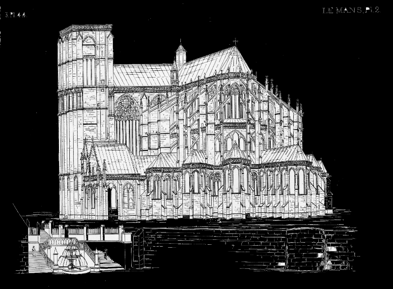 Intérieur cathédrale gothique français médiéval, voûtes d’ogives et lumière filtrée